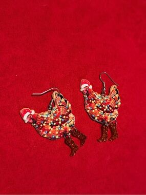 Christmas Playful Red Chicken Dangle Earrings with Festive Bead Detail